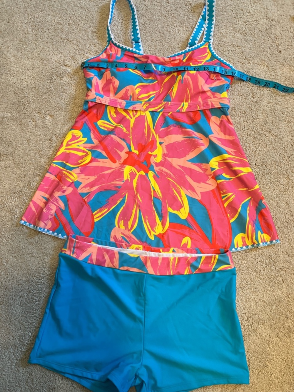 Tankini Womens Bathing Suit Set Tropical Blue Pink Top & Bottoms L